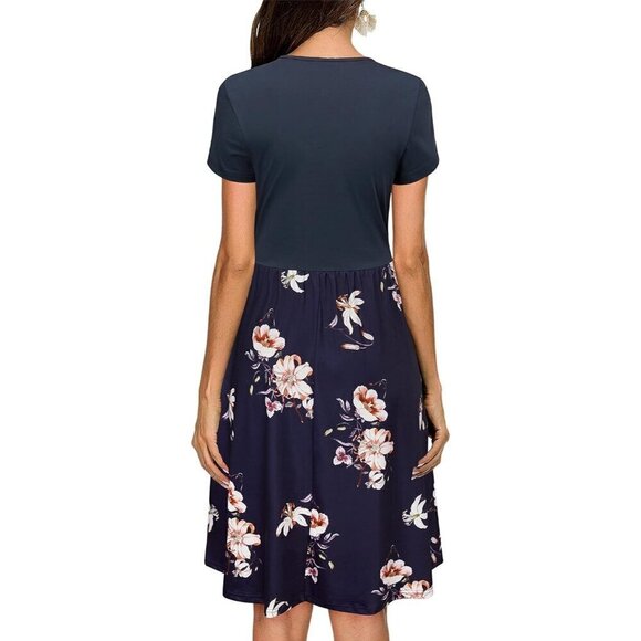 Womens Summer Short Sleeve V-Neck  Floral Wrap Waist Casual Dress with Pockets - Picture 3 of 6